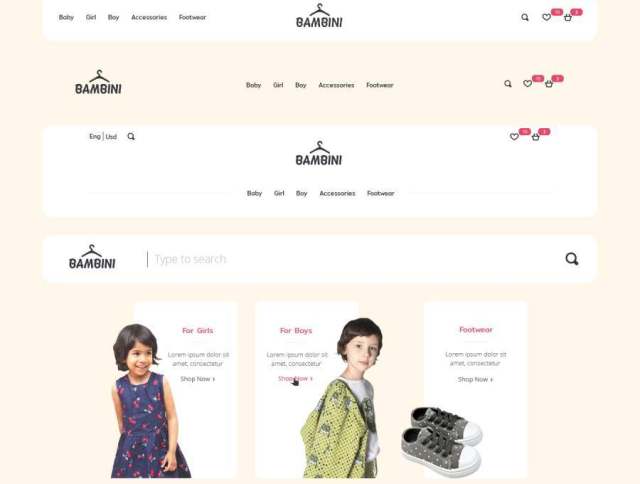 适用于儿童和青少年的Web服装店UI套件。，Bambini Web UI套件