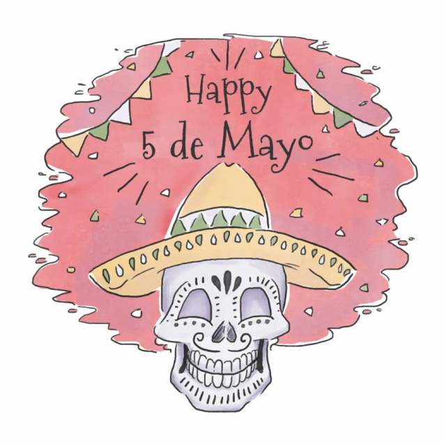 戴着帽子的可爱墨西哥头骨给Cinco De Mayo