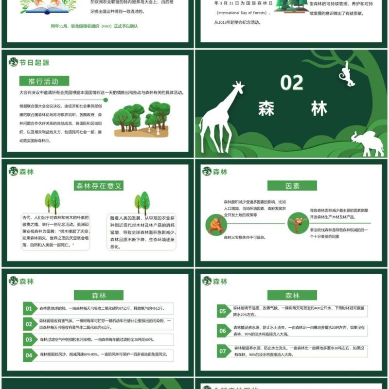 绿色卡通剪纸风世界森林日介绍PPT模板