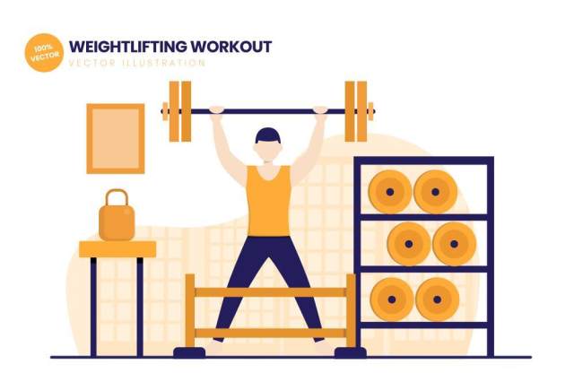 举重训练健身房平面矢量图AI人物插画设计素材Weightlifting Workout Gym Flat Vector Illustration 举重训练健身房平面矢量图AI人物插画设计素材Weightlifting Workout Gym Flat Vector Illustration