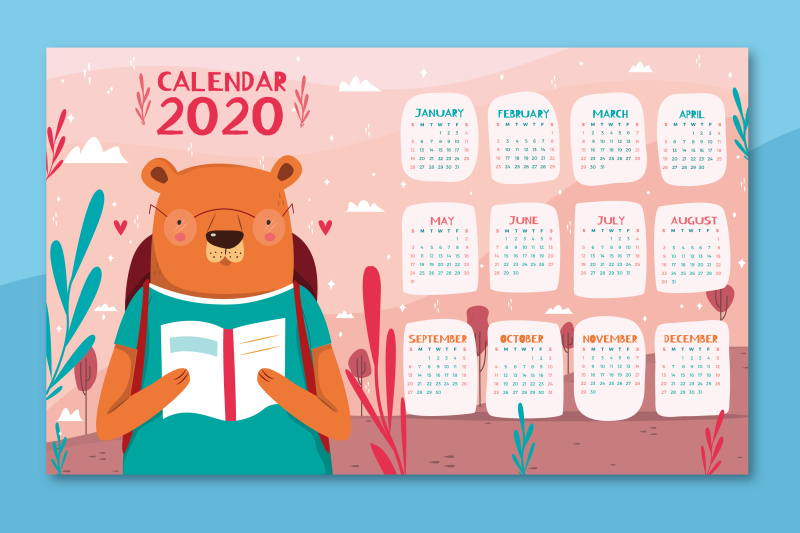 10款卡通小熊女生宇宙恐龙水果2020年月历挂历整页AI矢量素材