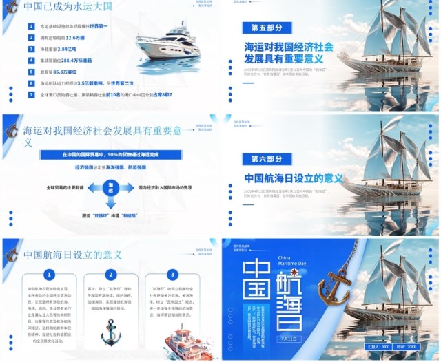 蓝色简约风中国航海日航海知识PPT模板 蓝色简约风中国航海日航海知识PPT模板