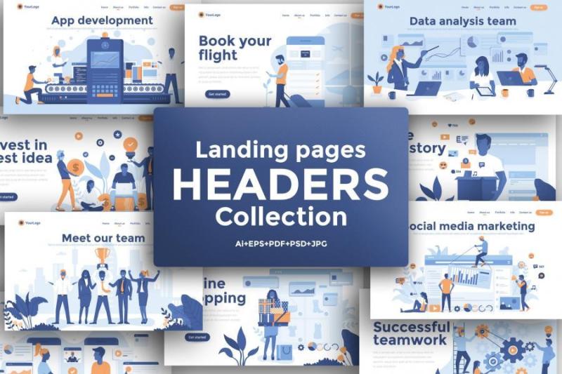 10款2.5D扁平化商务办公UI插图画网页banner设计AI矢量+PSD分层素材App development