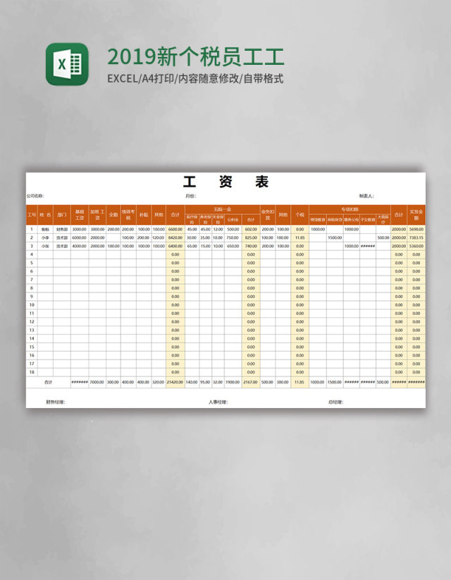 2019新个税员工工资表Excel模板 2019新个税员工工资表Excel模板