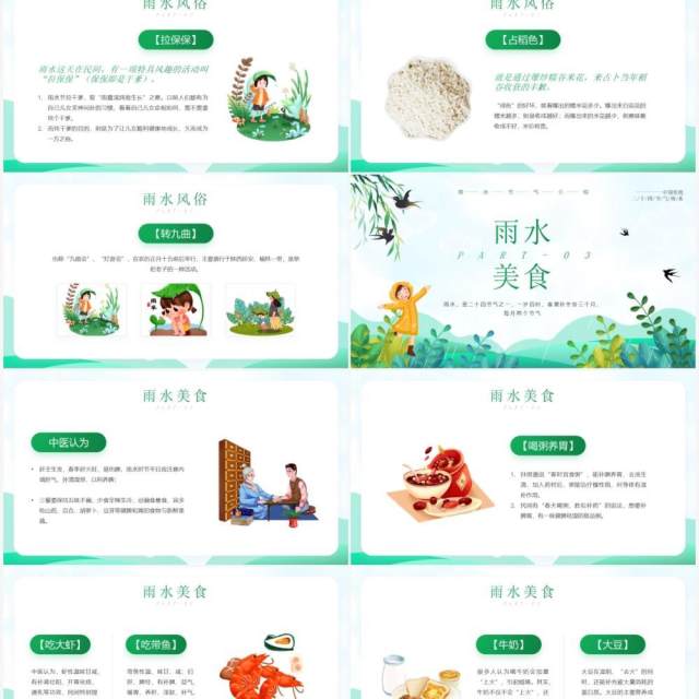 绿色清新卡通风雨水节气知识介绍PPT模板 绿色清新卡通风雨水节气知识介绍PPT模板
