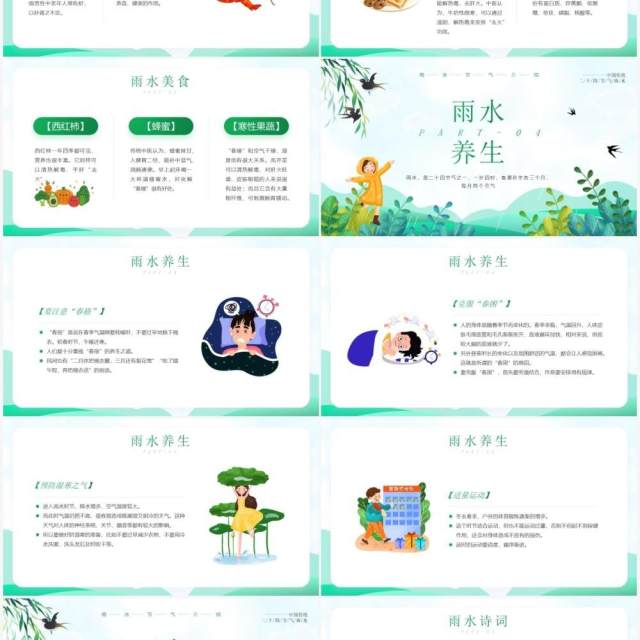 绿色清新卡通风雨水节气知识介绍PPT模板 绿色清新卡通风雨水节气知识介绍PPT模板
