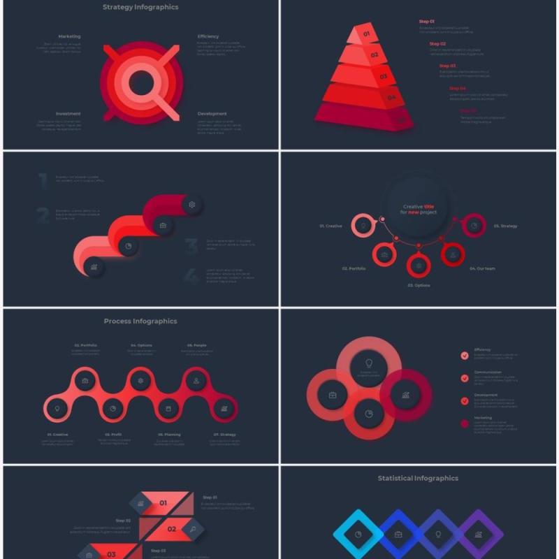 红色深色系商务产品信息图表流程步骤关系图PPT素材 Infographic Red