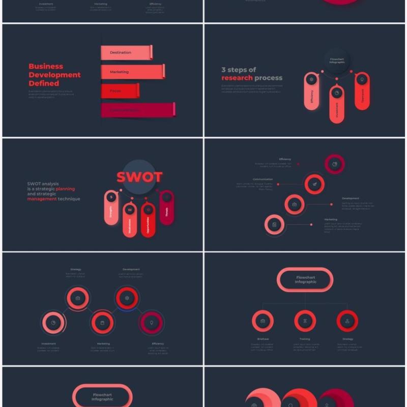 红色深色系商务产品信息图表流程步骤关系图PPT素材 Infographic Red