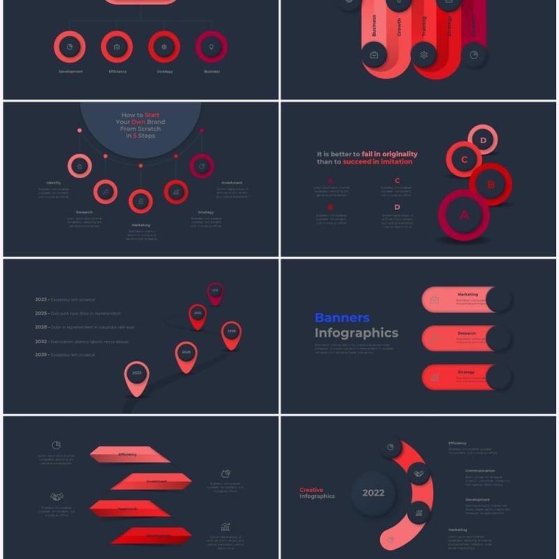 红色深色系商务产品信息图表流程步骤关系图PPT素材 Infographic Red