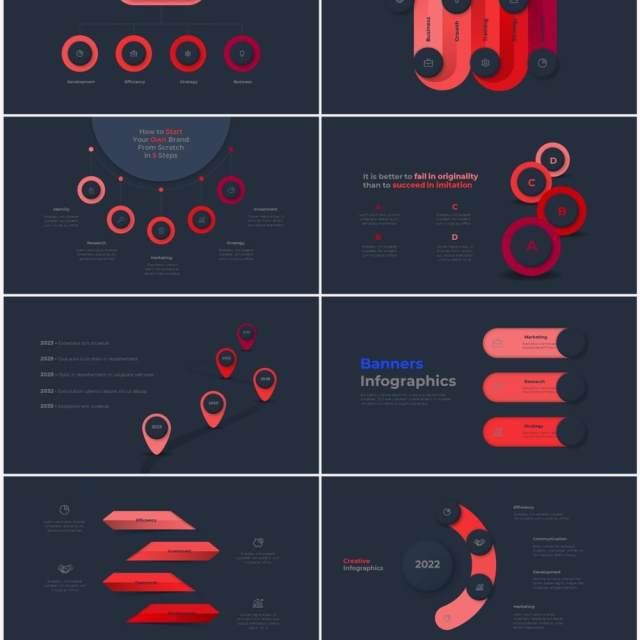 红色深色系商务产品信息图表流程步骤关系图PPT素材 Infographic Red