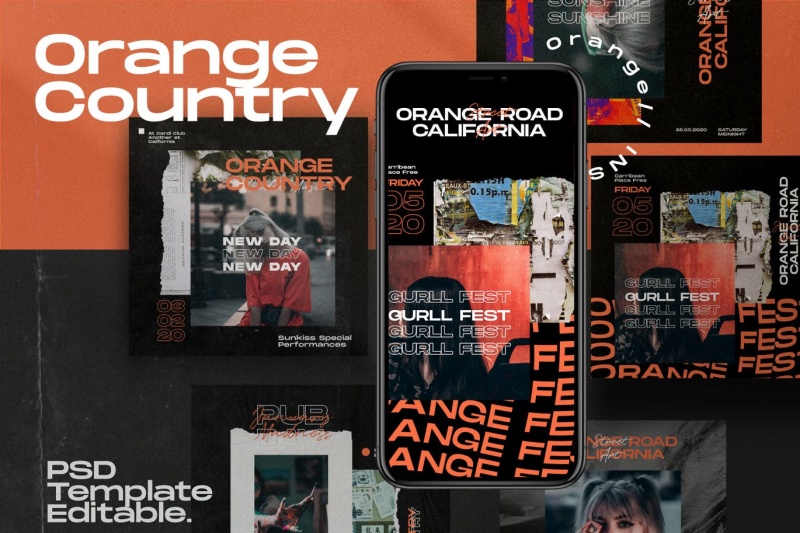 移动端图片分享应用界面PSD设计素材Country Orange - Instagram Template + Stories