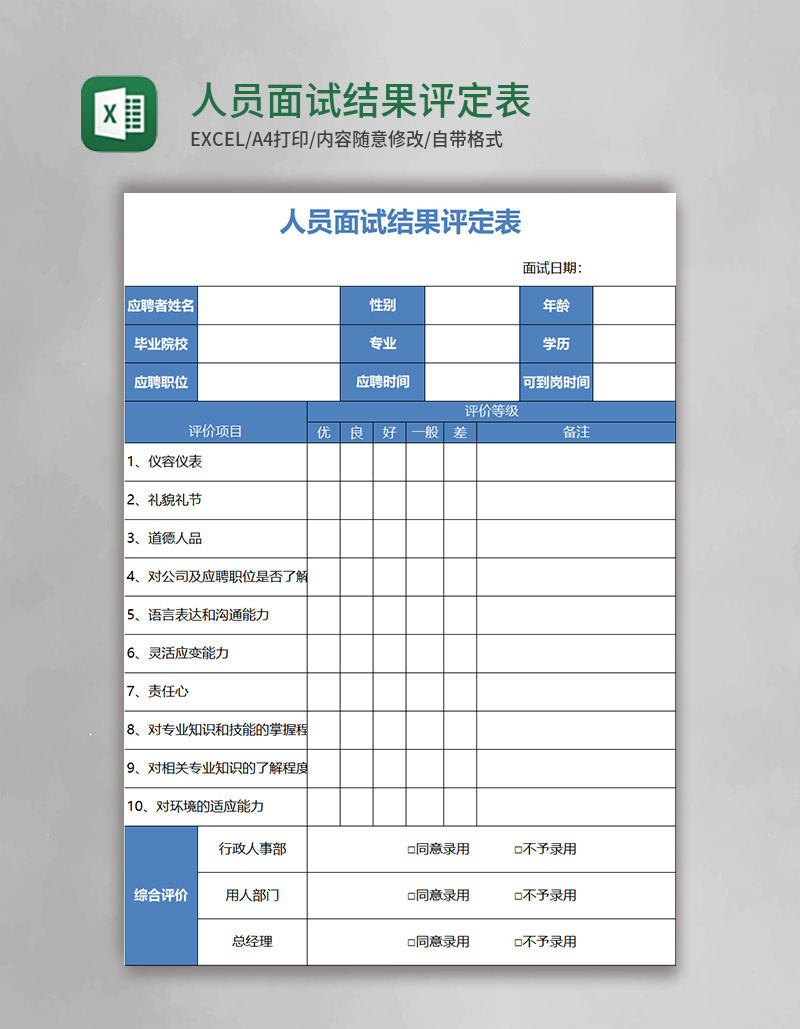 人员面试结果评定表excel表格模板