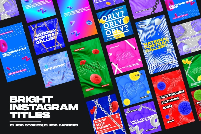 42款高端标题海报背景平面广告包装设计彩色印刷PSD素材Bright Instagram Titles