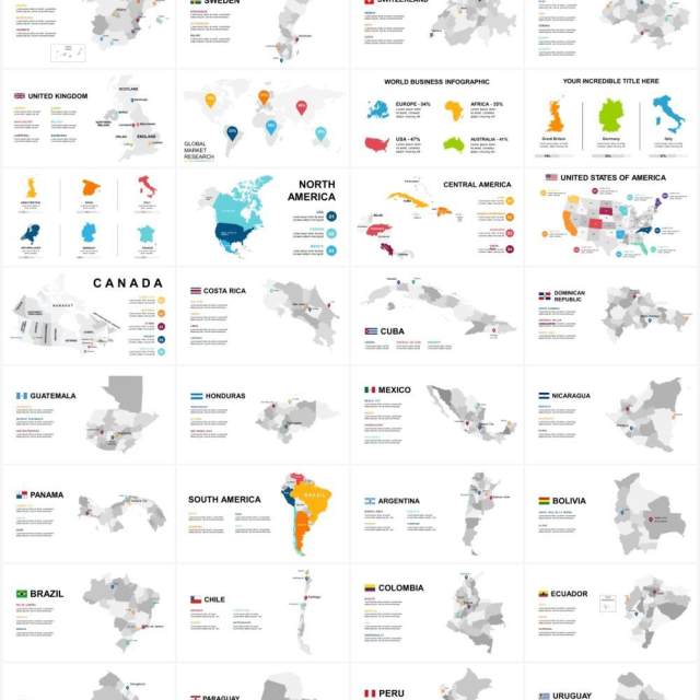 130页超实用全球世界各地分区域非洲亚洲大洋洲欧洲北美南美可编辑地图PPT模板