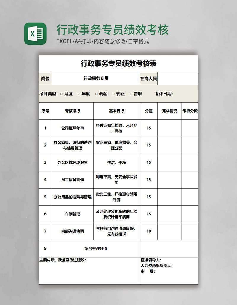 行政事务专员绩效考核表Excel表格