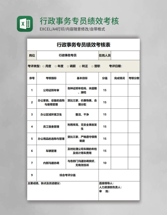 行政事务专员绩效考核表Excel表格 行政事务专员绩效考核表Excel表格
