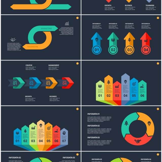 深色背景彩色箭头信息图形PPT元素素材Arrows
