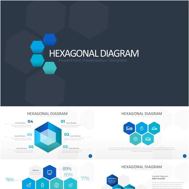 蓝色六边形信息图PPT模板素材Wide Blue Light Hexagonal Infographic