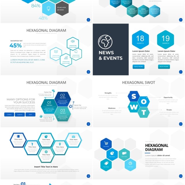 蓝色六边形信息图PPT模板素材Wide Blue Light Hexagonal Infographic