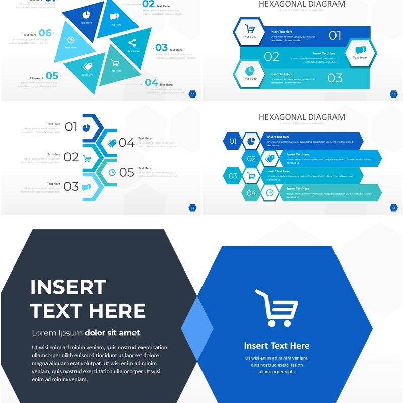 蓝色六边形信息图PPT模板素材Wide Blue Light Hexagonal Infographic