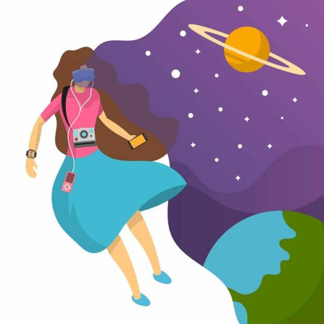 平女人爱上技术和她的想象力背景矢量图 平女人爱上技术和她的想象力背景矢量图