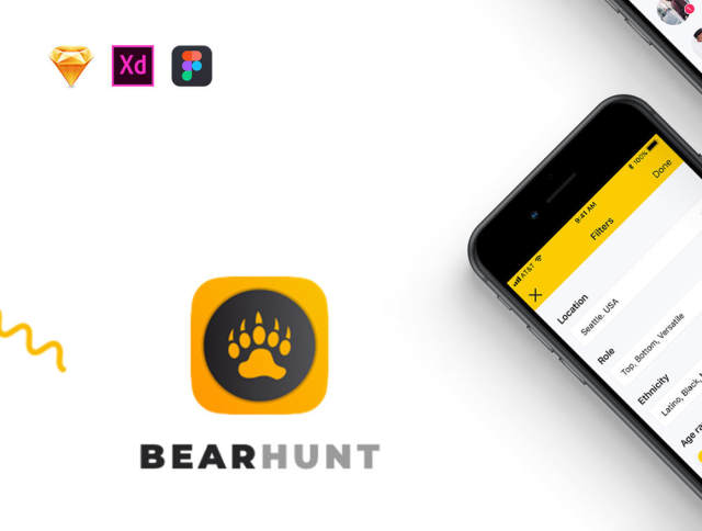 最热门的iOS约会应用程序适用于同性恋，双性恋和好奇的熊人。，BearHunt UI Kit