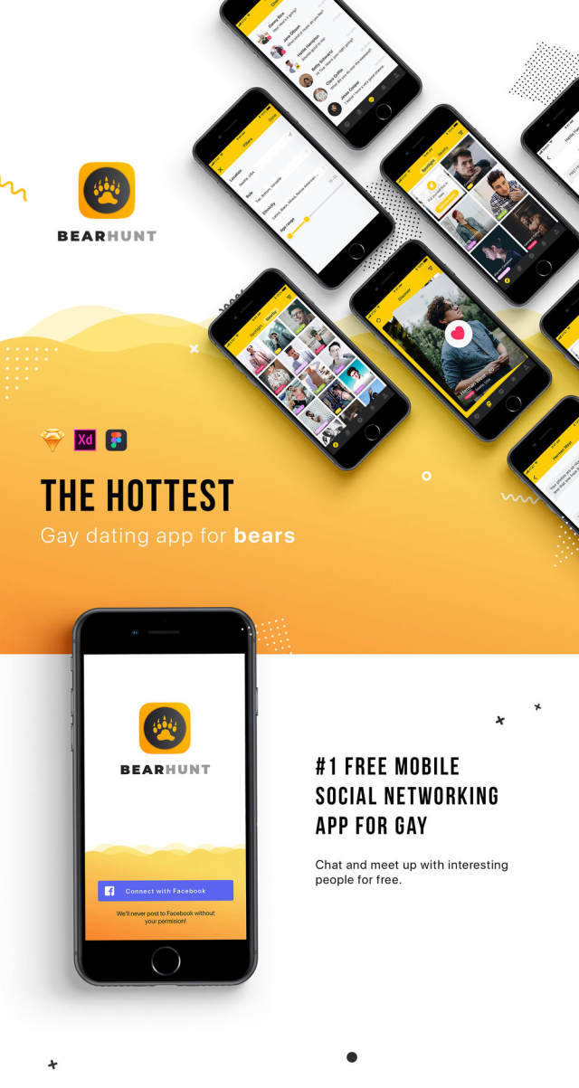 最热门的iOS约会应用程序适用于同性恋，双性恋和好奇的熊人。，BearHunt UI Kit