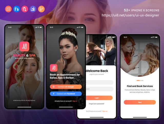 52+屏幕理发，沙龙，美容和水疗iOS UI套件，理发和沙龙UI工具包