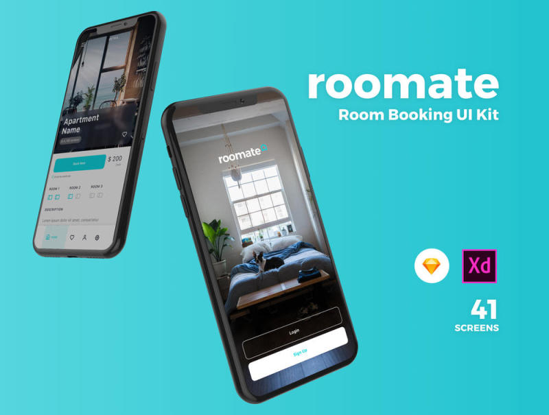 高品质的房间预订App UI套件专为Sketch和Adobe XD。，Roomate iOS UI套件而设计