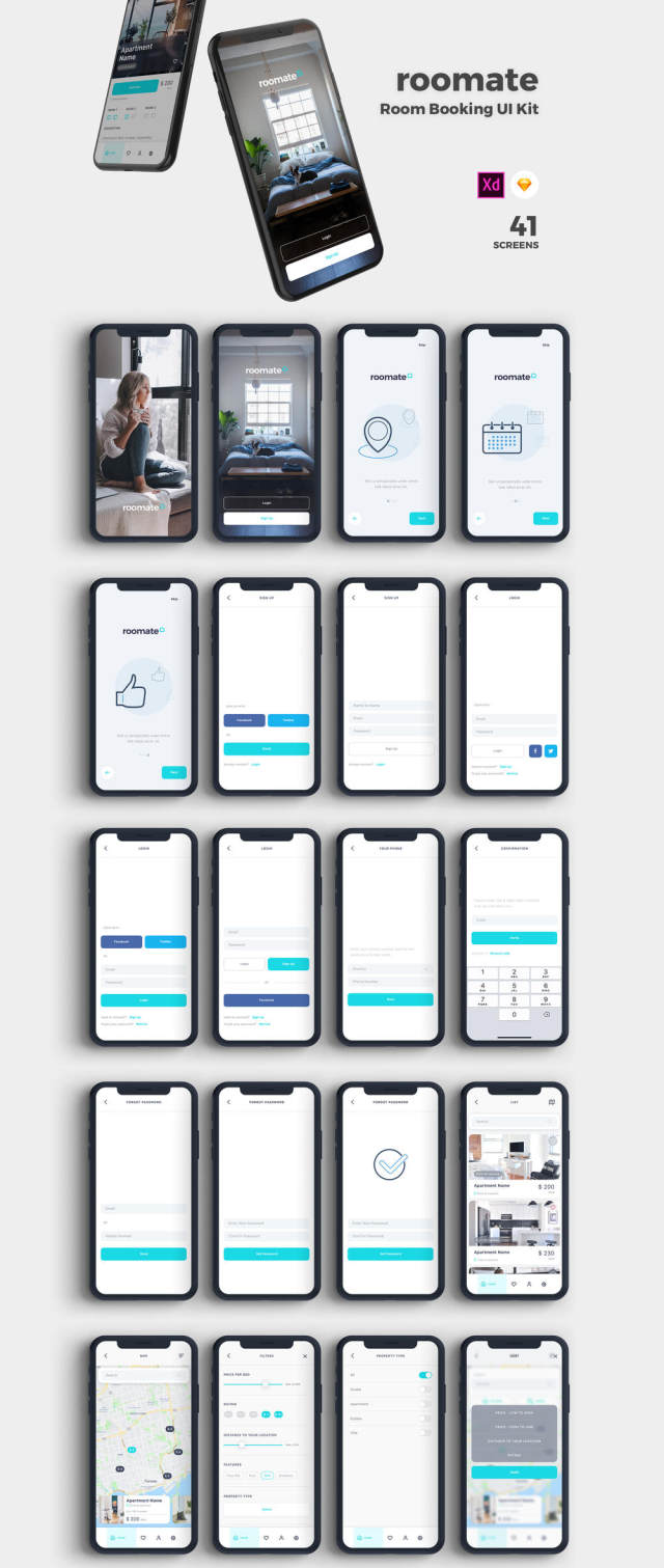 高品质的房间预订App UI套件专为Sketch和Adobe XD。,Roomate iOS UI套件而设计 高品质的房间预订App UI套件专为Sketch和Adobe XD。,Roomate iOS UI套件而设计