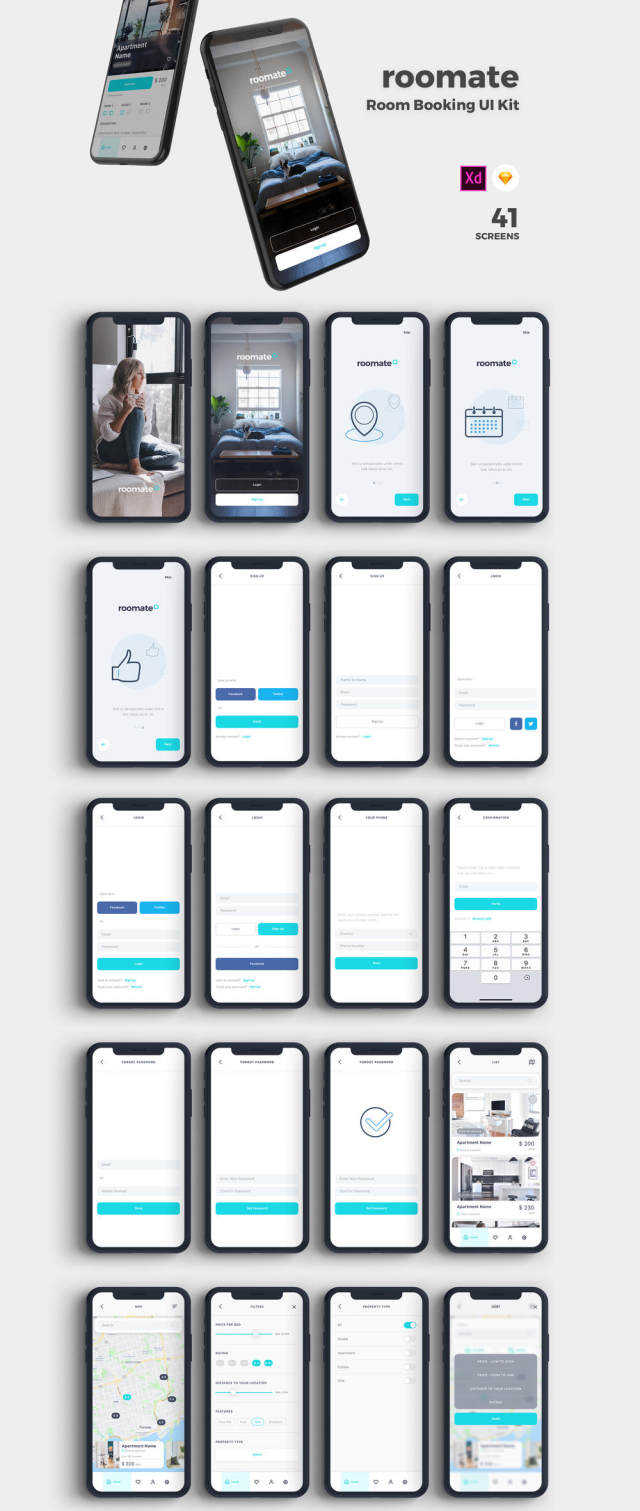高品质的房间预订App UI套件专为Sketch和Adobe XD。，Roomate iOS UI套件而设计