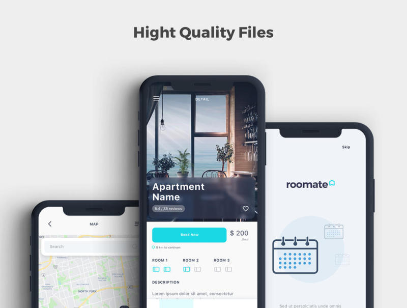 高品质的房间预订App UI套件专为Sketch和Adobe XD。，Roomate iOS UI套件而设计