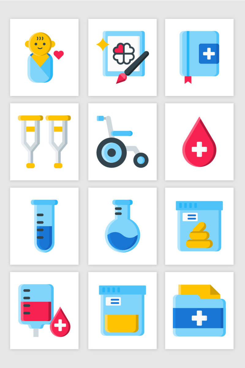 UI儿科检验科血袋轮椅彩色小图标矢量图形