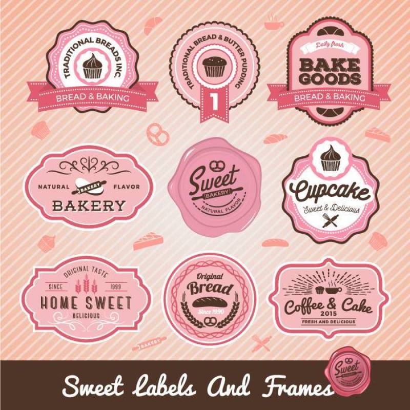 糖果店的甜面包店和面包标签设计一套