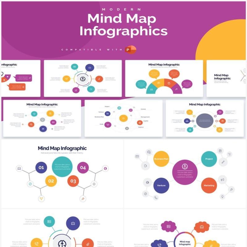 彩色创意思维导图PPT信息图素材Mind Map Powerpoint Infographics