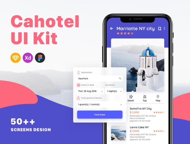 在Sketch，Figma，Adobe XD，CaHotel UI Kit中预订移动应用程序的UI工具包