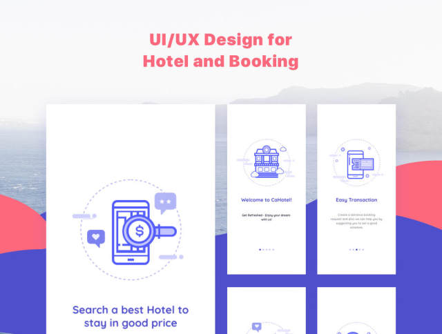 在Sketch，Figma，Adobe XD，CaHotel UI Kit中预订移动应用程序的UI工具包