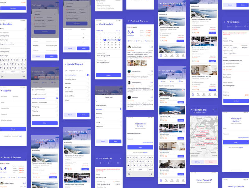 在Sketch，Figma，Adobe XD，CaHotel UI Kit中预订移动应用程序的UI工具包
