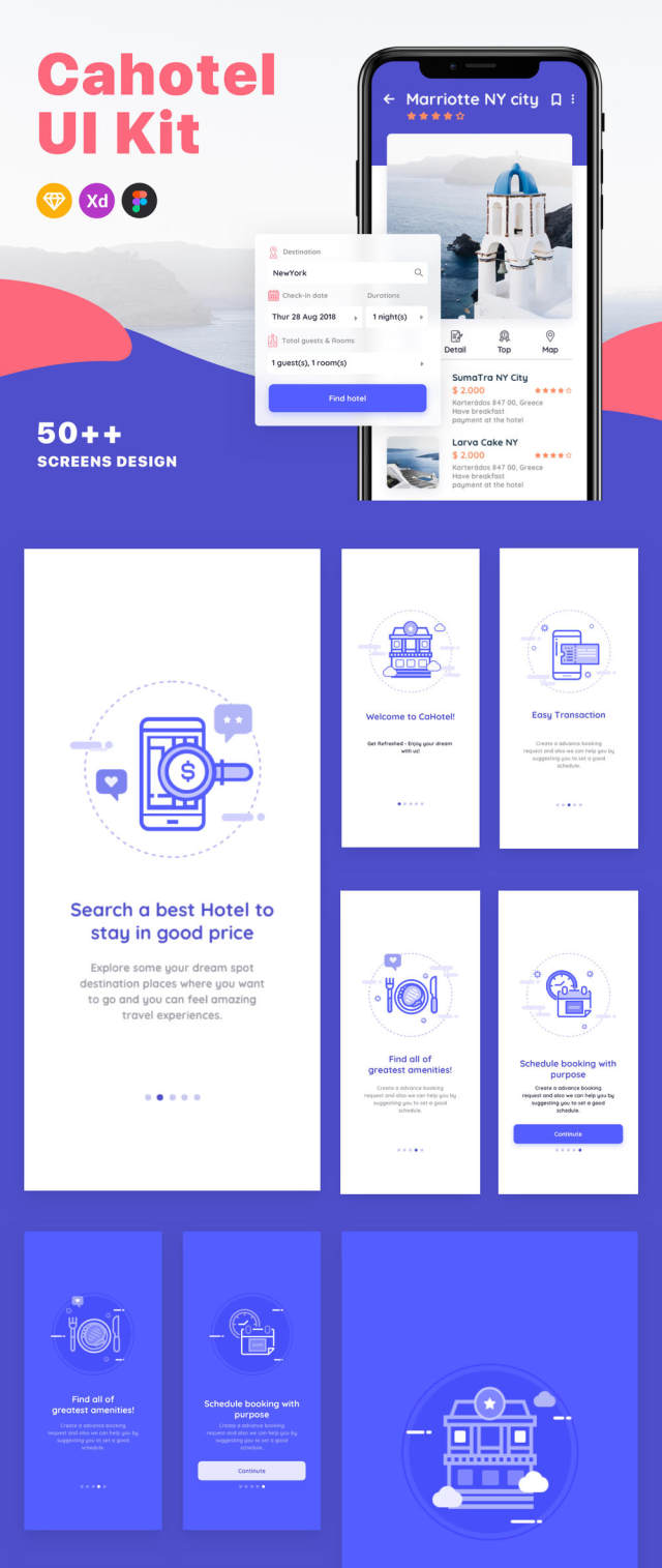 在Sketch,Figma,Adobe XD,CaHotel UI Kit中预订移动应用程序的UI工具包 在Sketch,Figma,Adobe XD,CaHotel UI Kit中预订移动应用程序的UI工具包