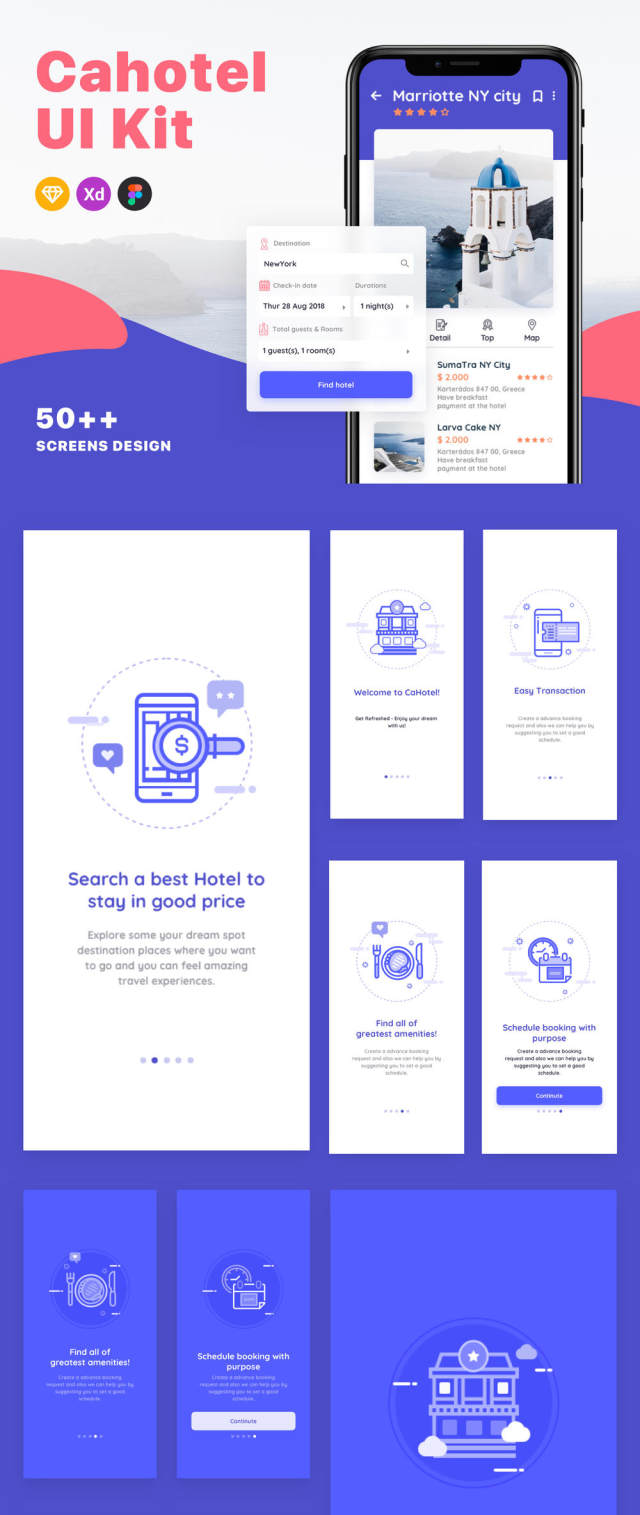 在Sketch，Figma，Adobe XD，CaHotel UI Kit中预订移动应用程序的UI工具包