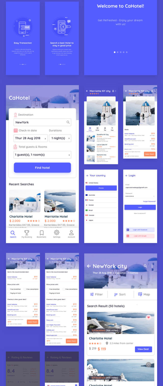 在Sketch,Figma,Adobe XD,CaHotel UI Kit中预订移动应用程序的UI工具包 在Sketch,Figma,Adobe XD,CaHotel UI Kit中预订移动应用程序的UI工具包