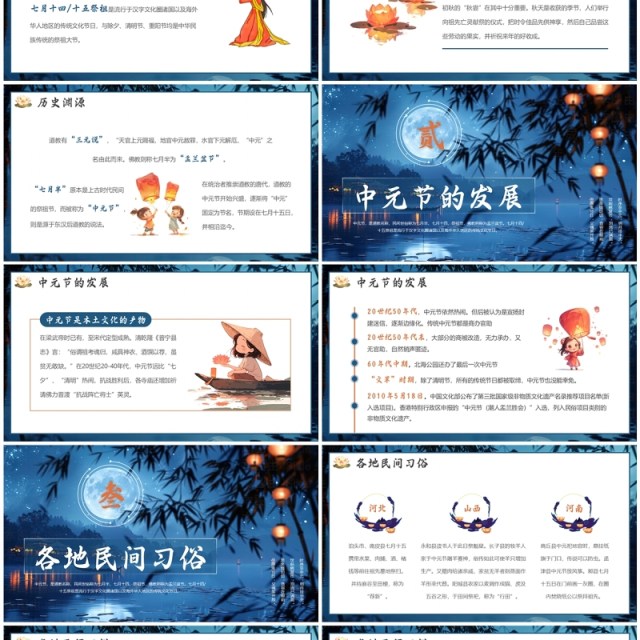 蓝色插画风中元节节日介绍PPT模板 蓝色插画风中元节节日介绍PPT模板