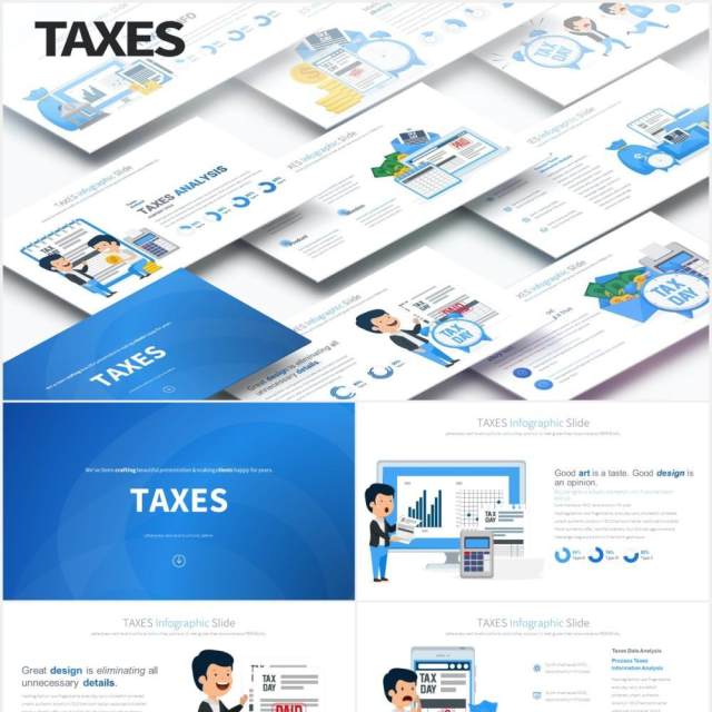 11套色系企业财务税收报税创意人物插画PPT素材TAXES - PowerPoint Infographics 11套色系企业财务税收报税创意人物插画PPT素材TAXES - PowerPoint Infographics