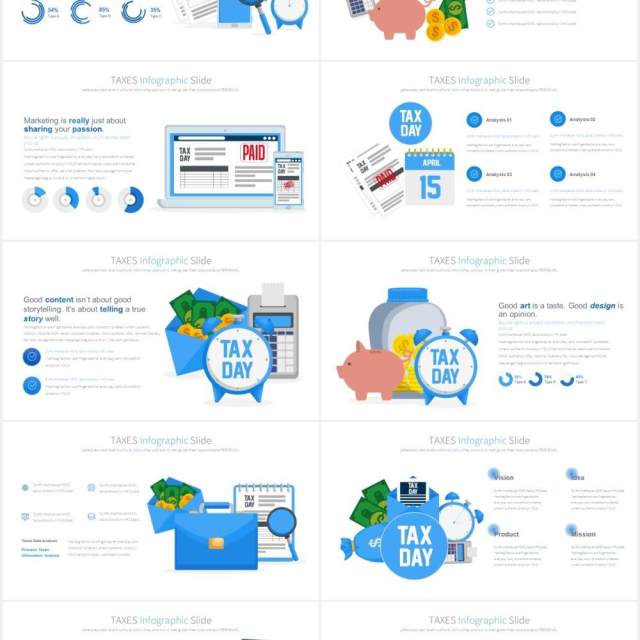 11套色系企业财务税收报税创意人物插画PPT素材TAXES - PowerPoint Infographics 11套色系企业财务税收报税创意人物插画PPT素材TAXES - PowerPoint Infographics