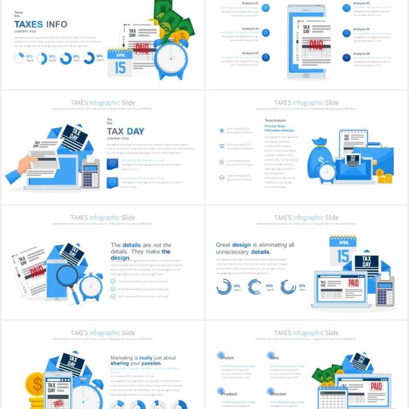 11套色系企业财务税收报税创意人物插画PPT素材TAXES - PowerPoint Infographics