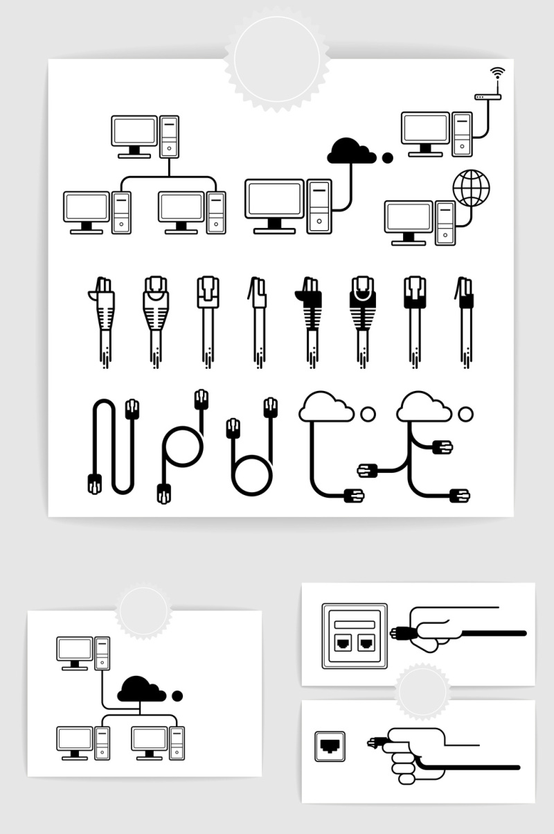 矢量线条电脑数据线插头插孔