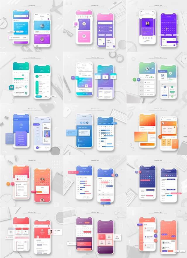 15款日程安排日历计划APP样机效果单页风格展示手机UI界面PSD设计素材