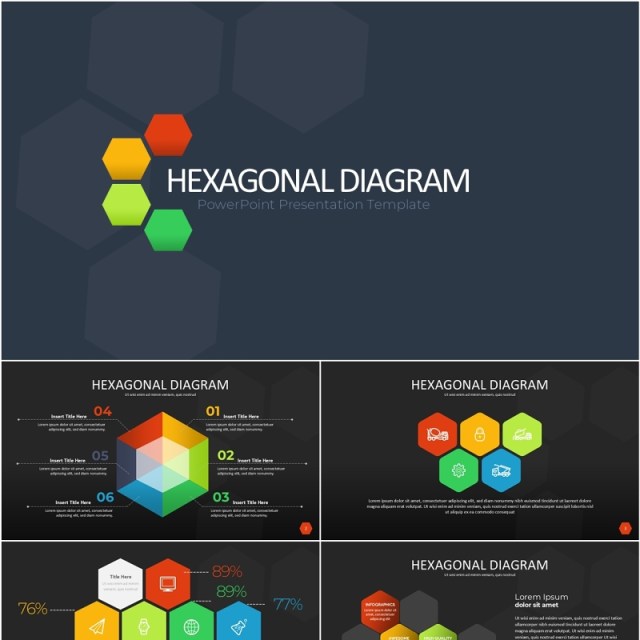 多彩六边形信息图PPT模板素材Wide Dark Hexagonal Infographic