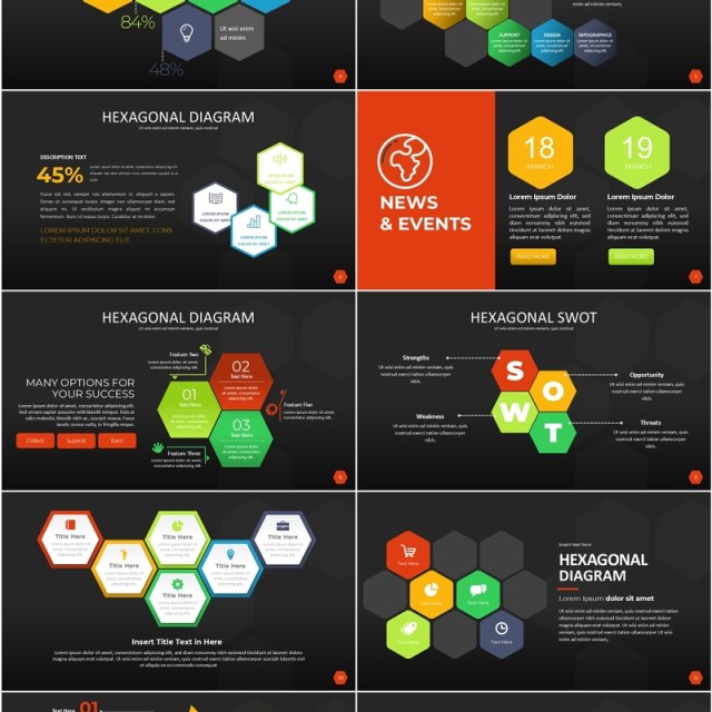 多彩六边形信息图PPT模板素材Wide Dark Hexagonal Infographic