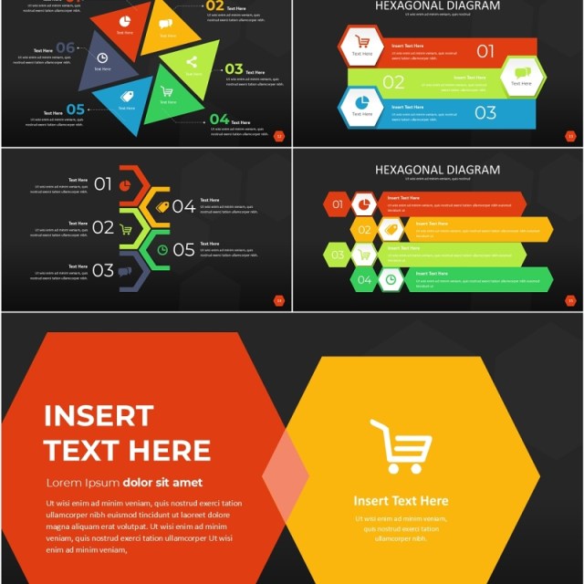 多彩六边形信息图PPT模板素材Wide Dark Hexagonal Infographic